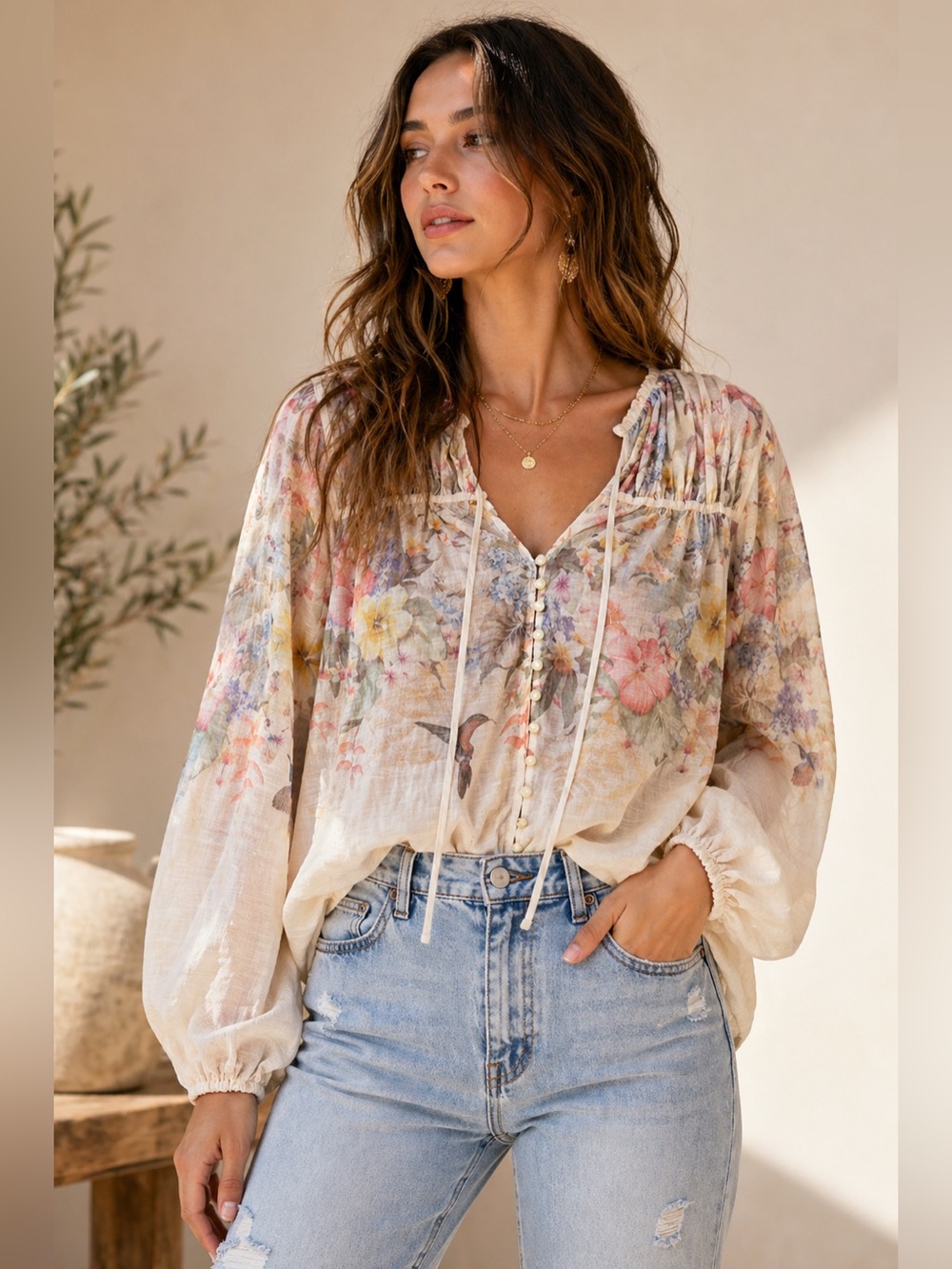 Boho Romantic Floral Bird Blouse | Sheer Peasant Top | Free People Style | S